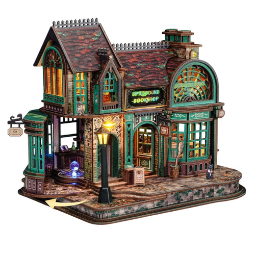 Wooden 3D Bookshop Puzzle Model With Street Lamp Window Details And Vintage Storefront