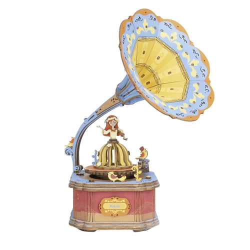 Wooden 3D Gramophone Puzzle Model With Flower Horn And Dancing Figure Details