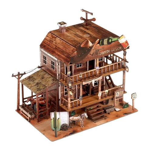 Wooden 3D Western Saloon Puzzle Model With Balcony Stable And Horse Details
